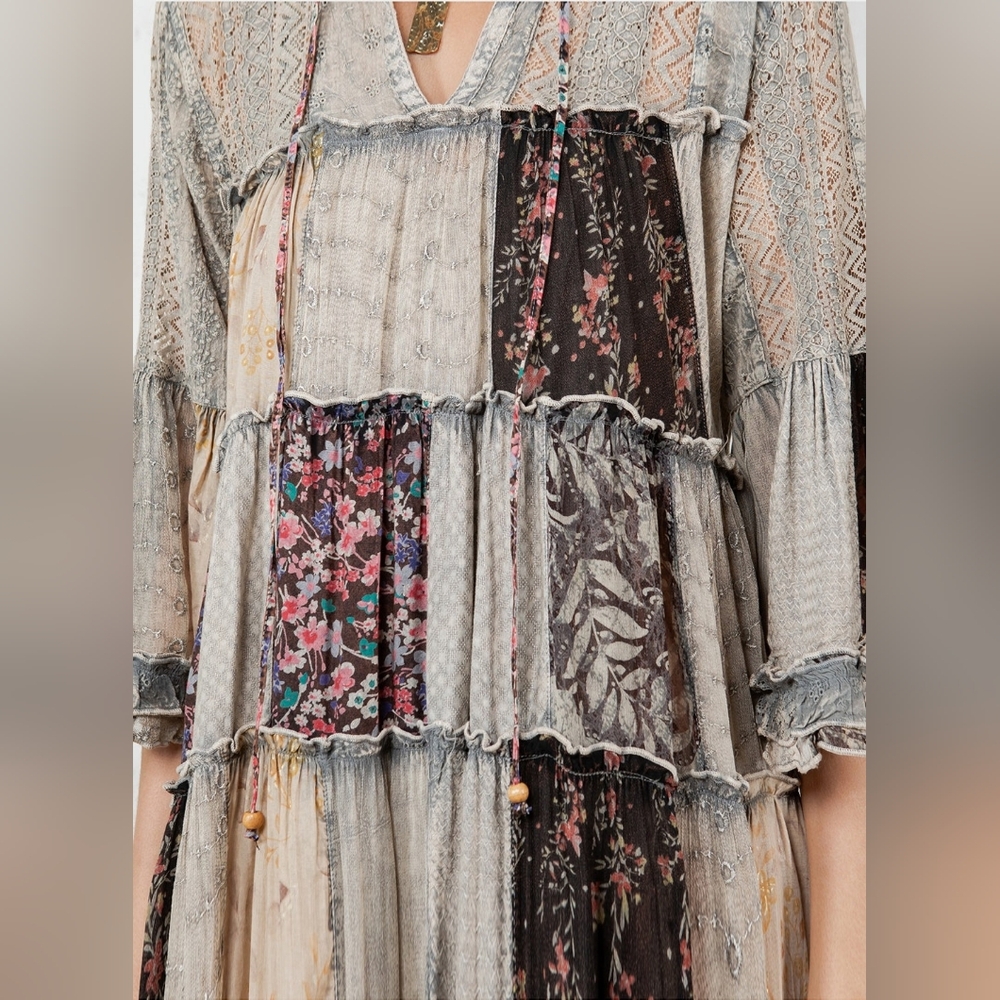 Patchwork Boho Maxi Dress in Beige and Black - Picture 3 of 6